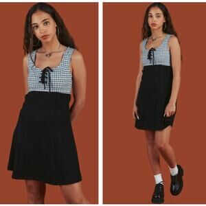 UNIF Lewis Dress Flannel Plaid Lace Up Dress Gray Black Sz L NWT {3K10}